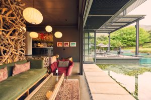 Steenberg Farm lounge and water display with the doors open on a summer day Steenberg Farm lounge and water display